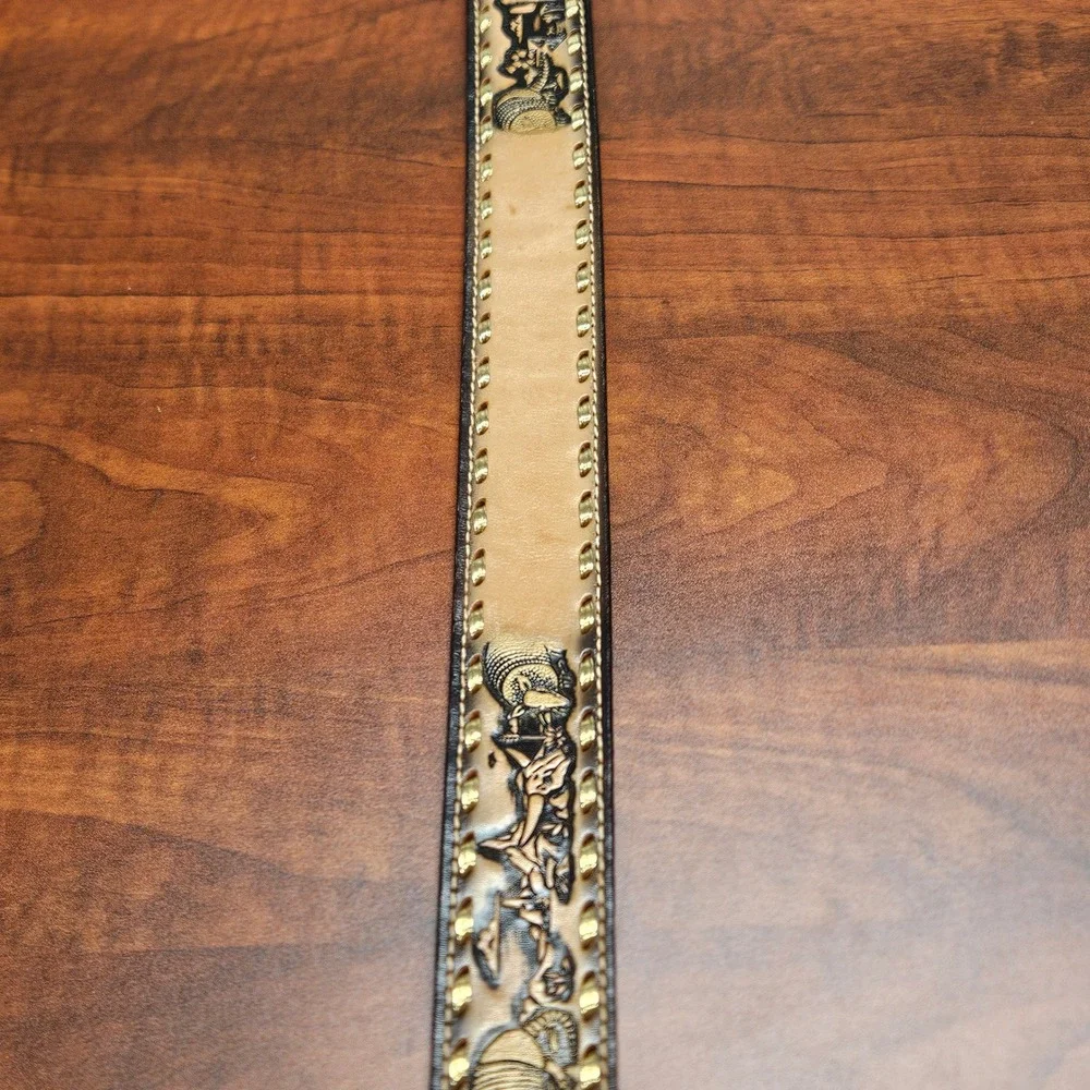 Ranch Pal Mens Brown Tooled Leather Western Belt Armadillo Steer Skull Size 34